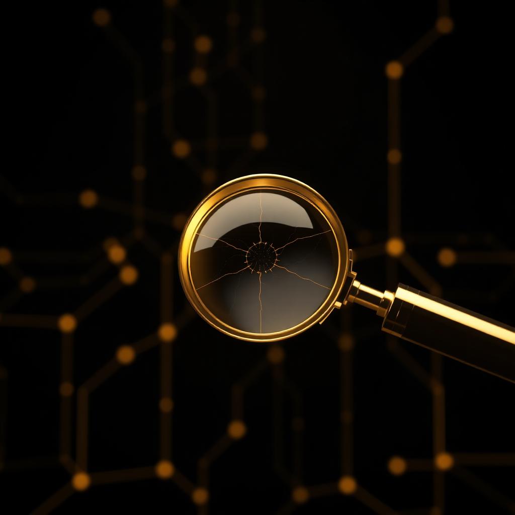 Golden magnifying glass over an AI neural network on a black background