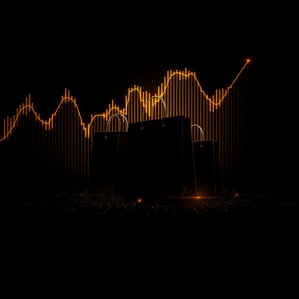 Golden stock chart rising behind D2C shopping bag silhouettes
