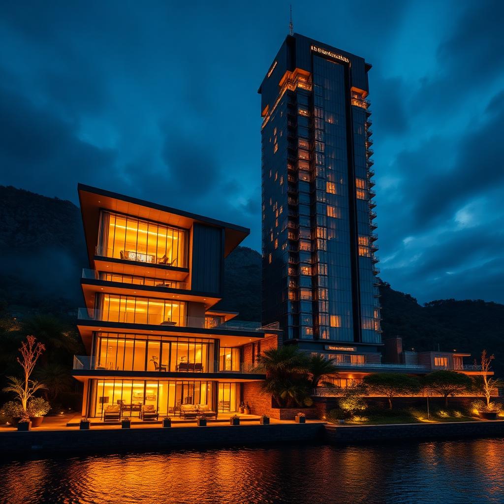 Luxury villa and skyscraper at dusk